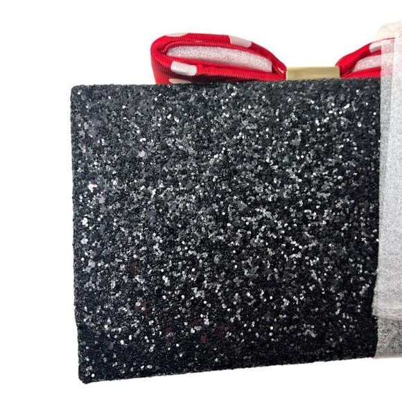 Kate Spade Womens Black Glitter Minnie Mouse Polka Dot Bow Clasp clutch Bag New - Picture 9 of 15